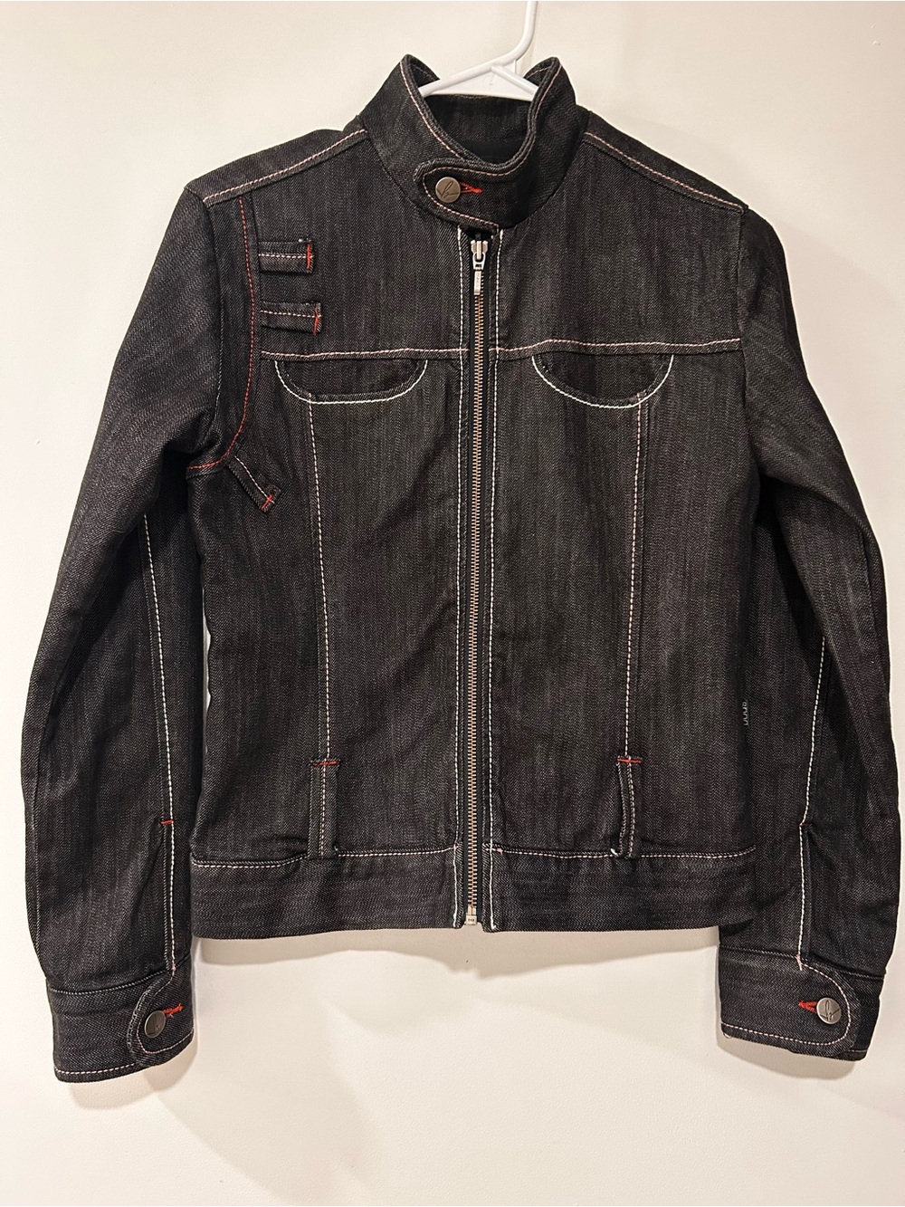 Y2K Vintage Denim Jacket with Topstitching, Stand Collar, Metal Details